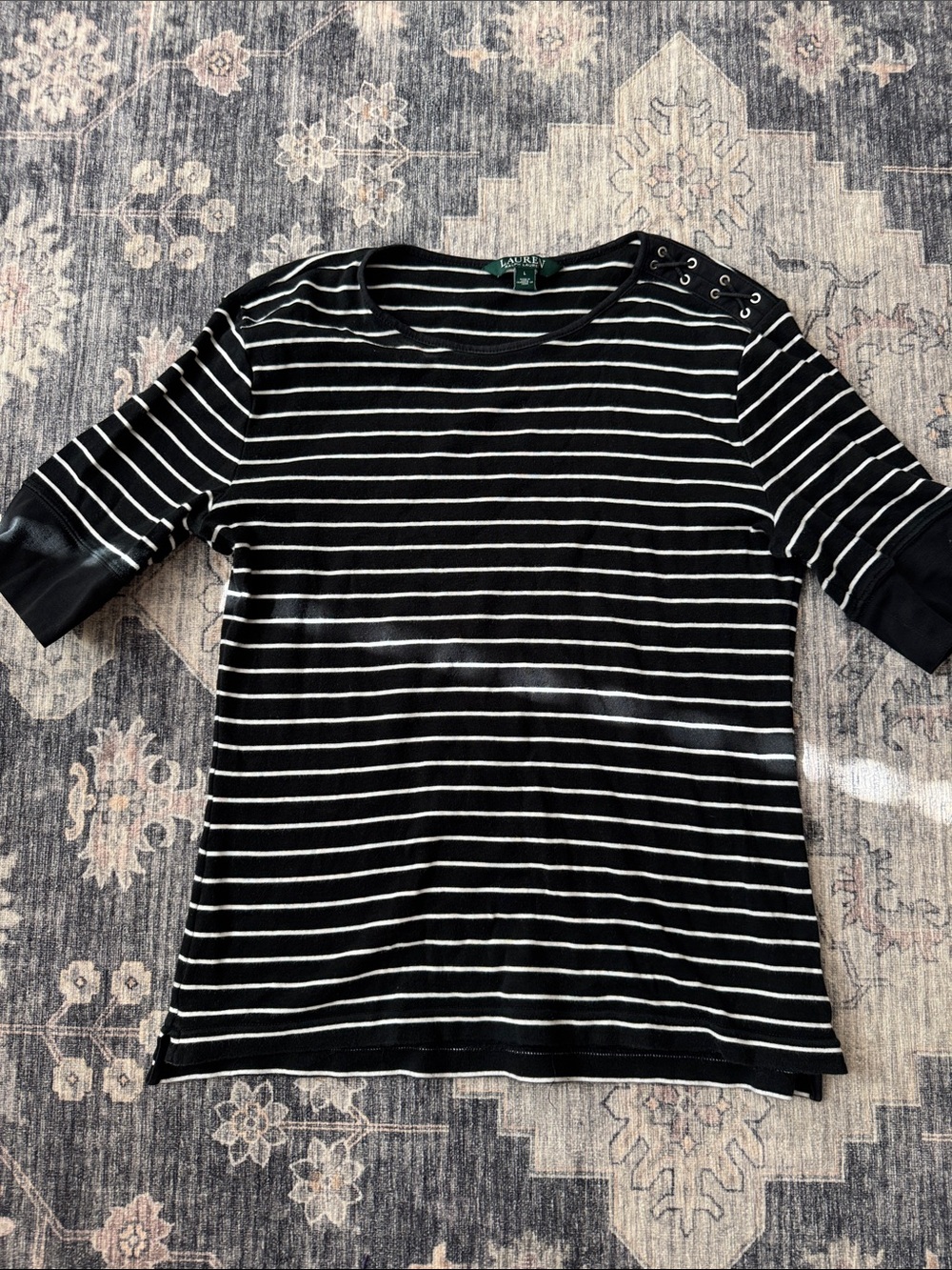 Black & White Striped Short Sleeve Tee with Shoulder Grommet Detail